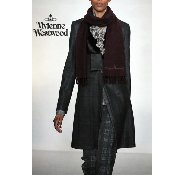 Vivienne Westwood Accessories - VIVIENNE WESTWOOD LOGO BROWN WOOL BLEND FRINGE SCARF